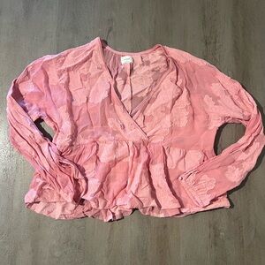 Pink V-Neck Bishop Sleeve Wrap Blouse